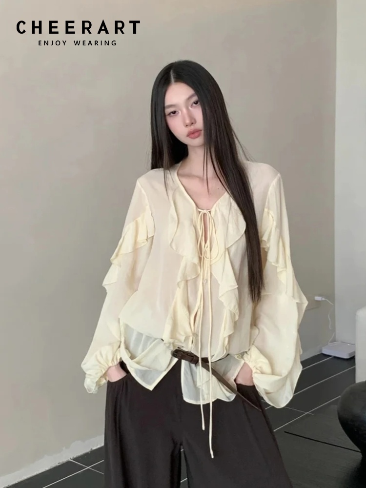 CHEERART Ruffles V Neck Tie Fr - Street Fashion Fall 2025 review and price